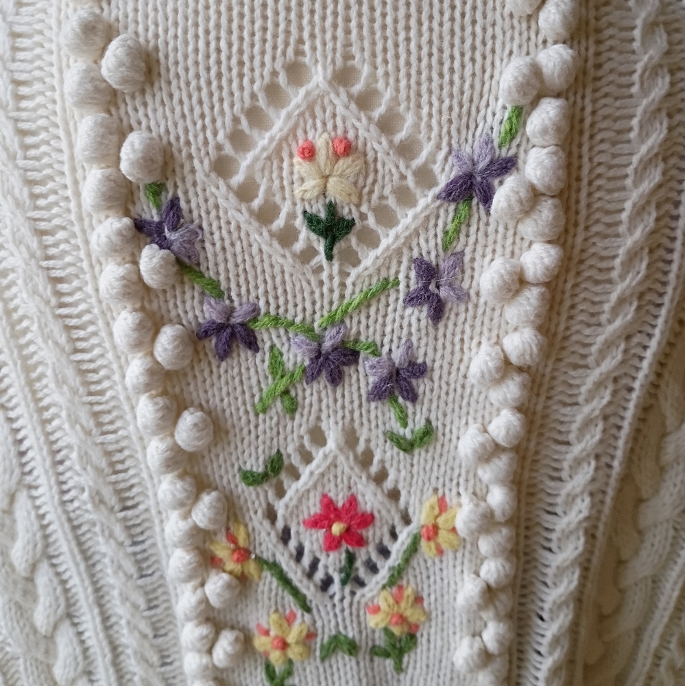 Polo Ralph Lauren Embroidered Floral Chunky Cable Knit Wool Cardigan Sweater - Picture 9 of 16